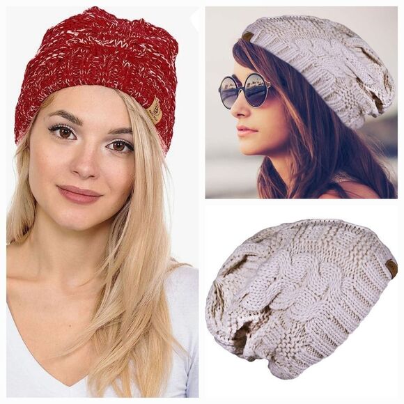 🧚‍♂️NWT Basico Beige & Red Chunky Knit Pair of Unisex Slouchy Beanie Hats - Picture 1 of 12